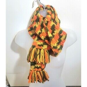 Vintage Chunky Retro Yellow Avacado Green Orange Handmade  Cozy Crochet Scarf